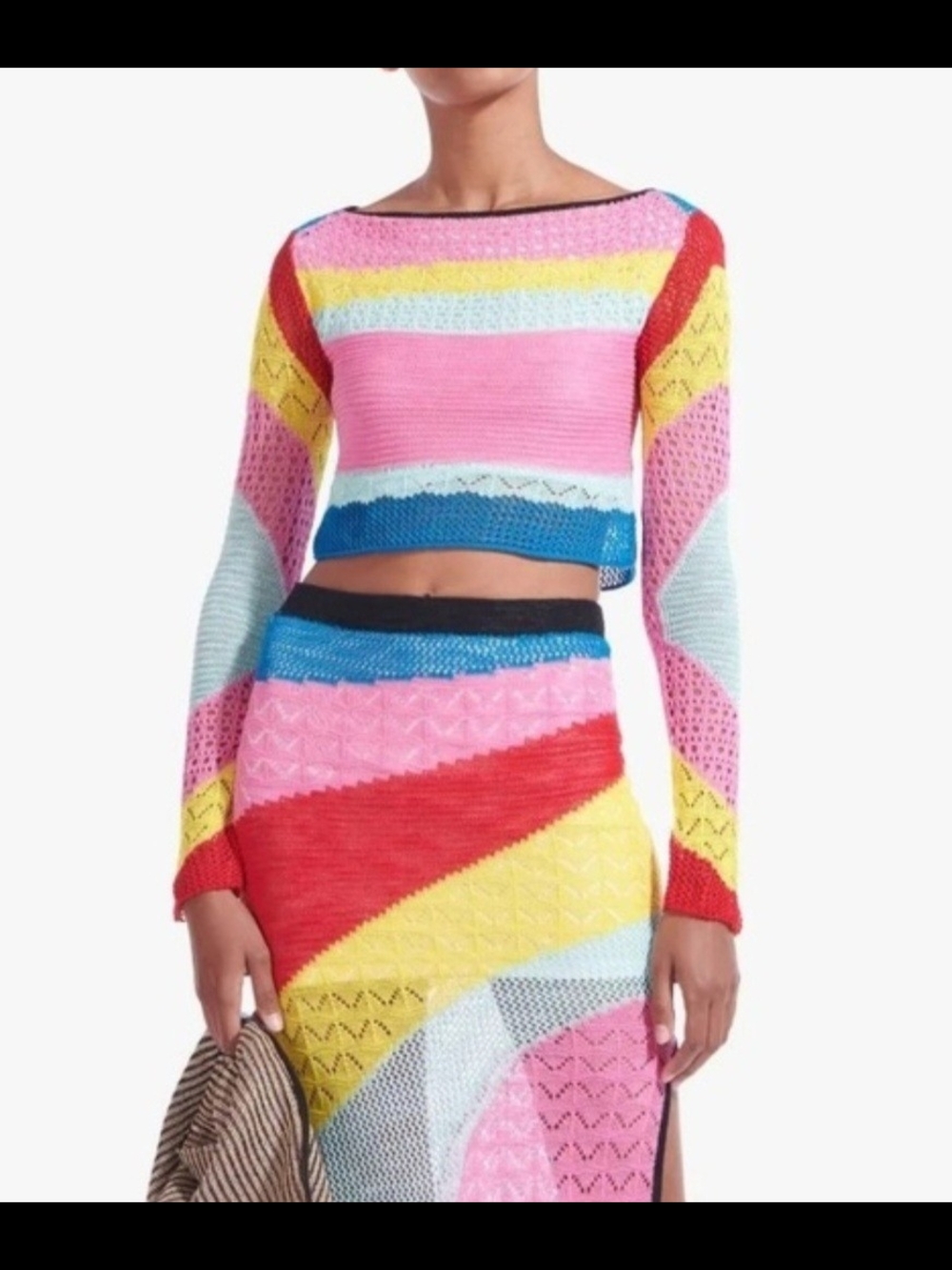 STAUD Multicolor Crochet Stripe Crop Top in Pink, Red, Yellow, Blue, Cream